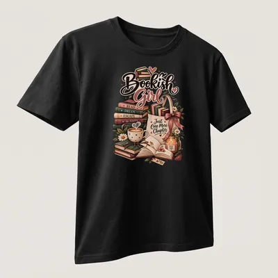 Whimsical illustration of a bookish girl with books and cozy reading items — printed on a unisex t-shirt (angled view)