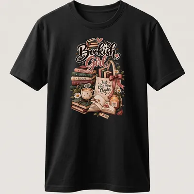 Whimsical illustration of a bookish girl with books and cozy reading items — printed on a unisex t-shirt