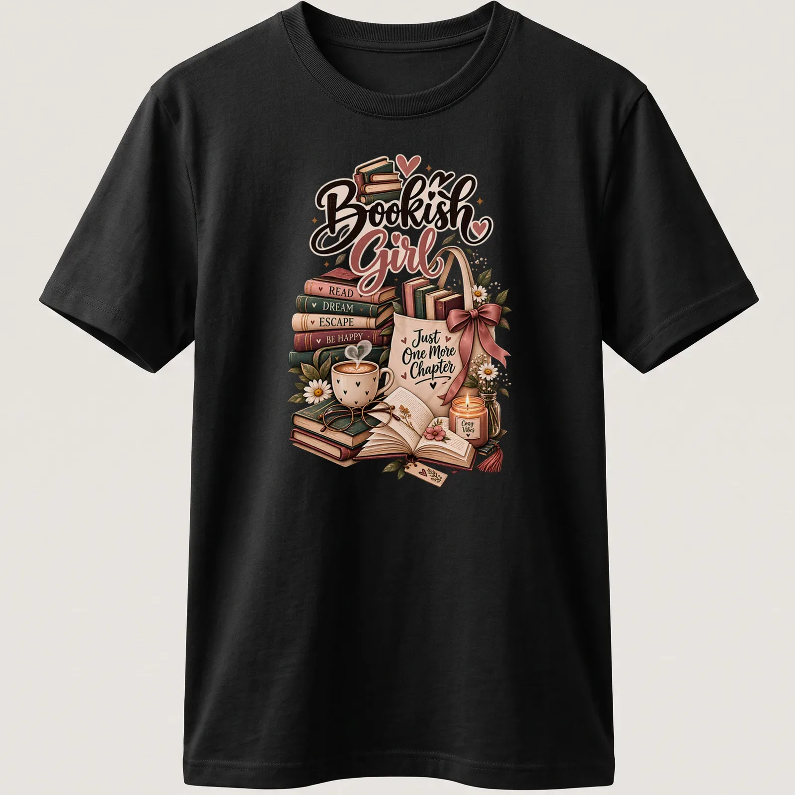 Whimsical illustration of a bookish girl with books and cozy reading items — printed on a unisex t-shirt