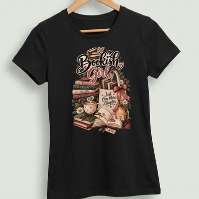 Whimsical illustration of a bookish girl with books and cozy reading items — printed on a women's shirt