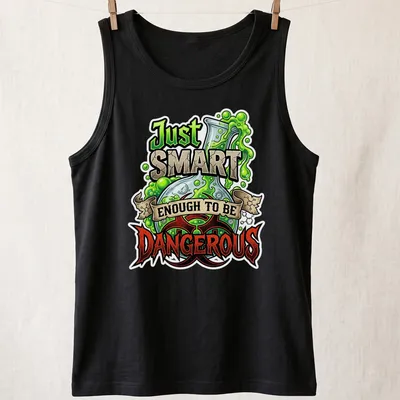 Cartoonish lab flask t-shirt featuring humorous text about being dangerously smart — printed on a tank top