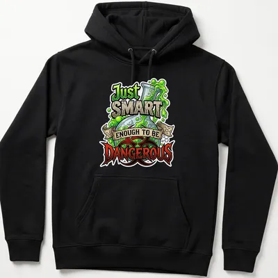 Cartoonish lab flask t-shirt featuring humorous text about being dangerously smart — printed on a unisex hoodie