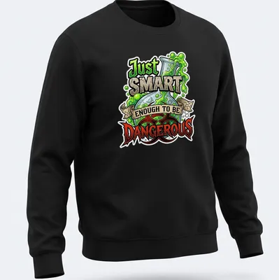 Cartoonish lab flask t-shirt featuring humorous text about being dangerously smart — printed on a unisex sweatshirt
