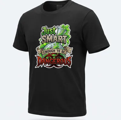 Cartoonish lab flask t-shirt featuring humorous text about being dangerously smart — printed on a unisex t-shirt