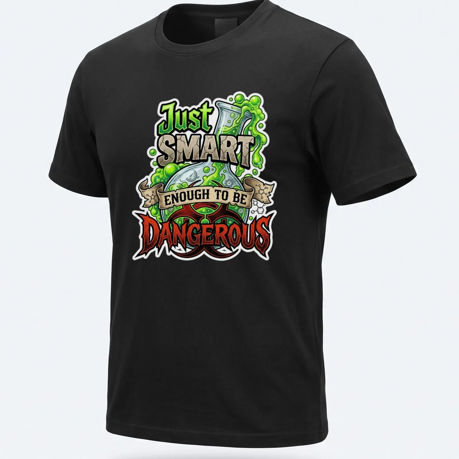 Cartoonish lab flask t-shirt featuring humorous text about being dangerously smart — printed on a unisex t-shirt