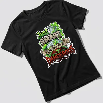 Cartoonish lab flask t-shirt featuring humorous text about being dangerously smart — printed on a women's shirt