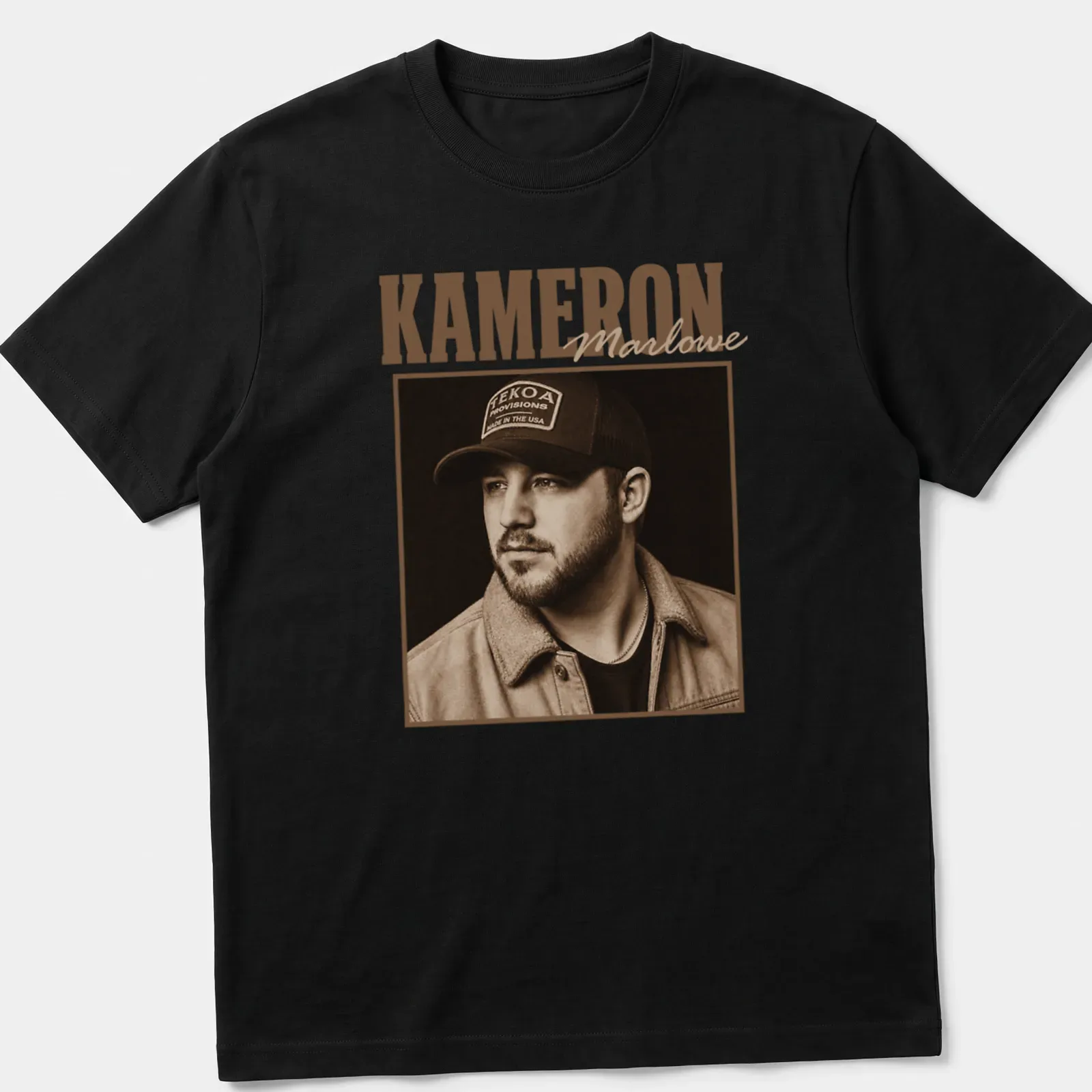 Vintage sepia portrait of Kameron Marlowe in brown, beige, and black. — printed on a unisex t-shirt