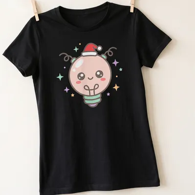 Kawaii Christmas light bulb character in bright colors for the holiday season — printed on a women's shirt