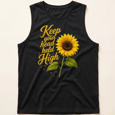 Floral t-shirt with a detailed sunflower and inspiring text in vibrant colors — printed on a tank top