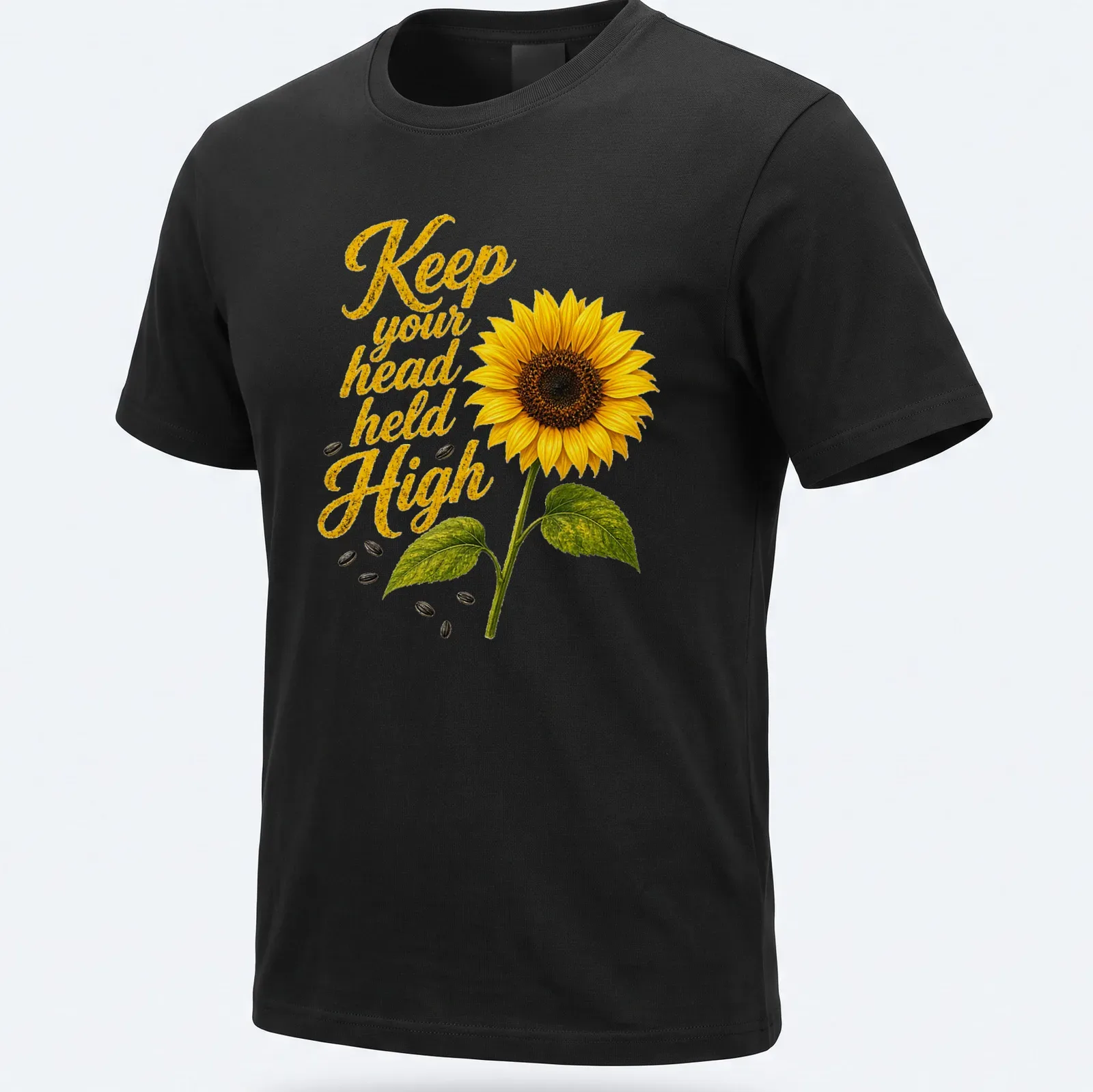 Floral t-shirt with a detailed sunflower and inspiring text in vibrant colors — printed on a unisex t-shirt