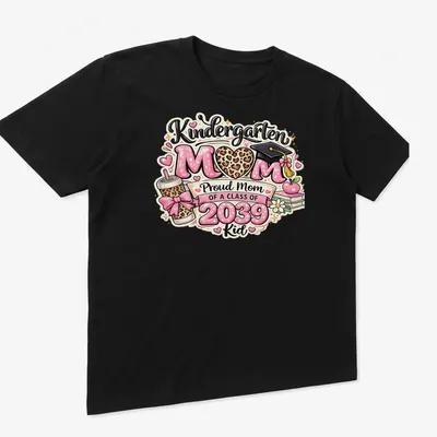 Cute colorful design featuring leopard heart and graduation cap with proud mom text. — printed on a unisex t-shirt (angled view)