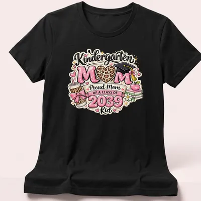Cute colorful design featuring leopard heart and graduation cap with proud mom text. — printed on a women's shirt