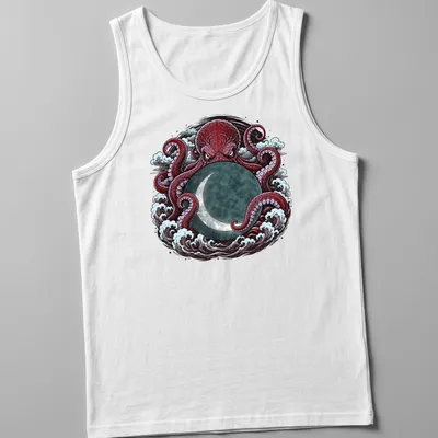 Detailed illustration of a Kraken octopus with waves and a moon in red and teal — printed on a tank top