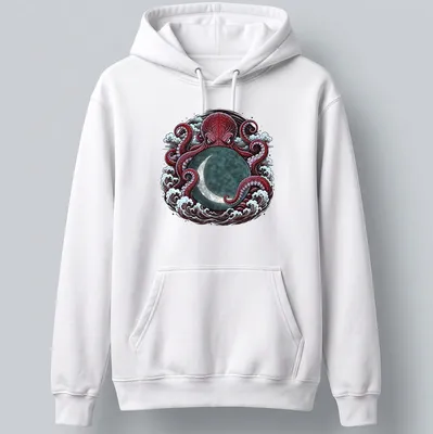 Detailed illustration of a Kraken octopus with waves and a moon in red and teal — printed on a unisex hoodie