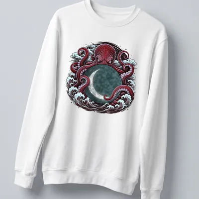 Detailed illustration of a Kraken octopus with waves and a moon in red and teal — printed on a unisex sweatshirt