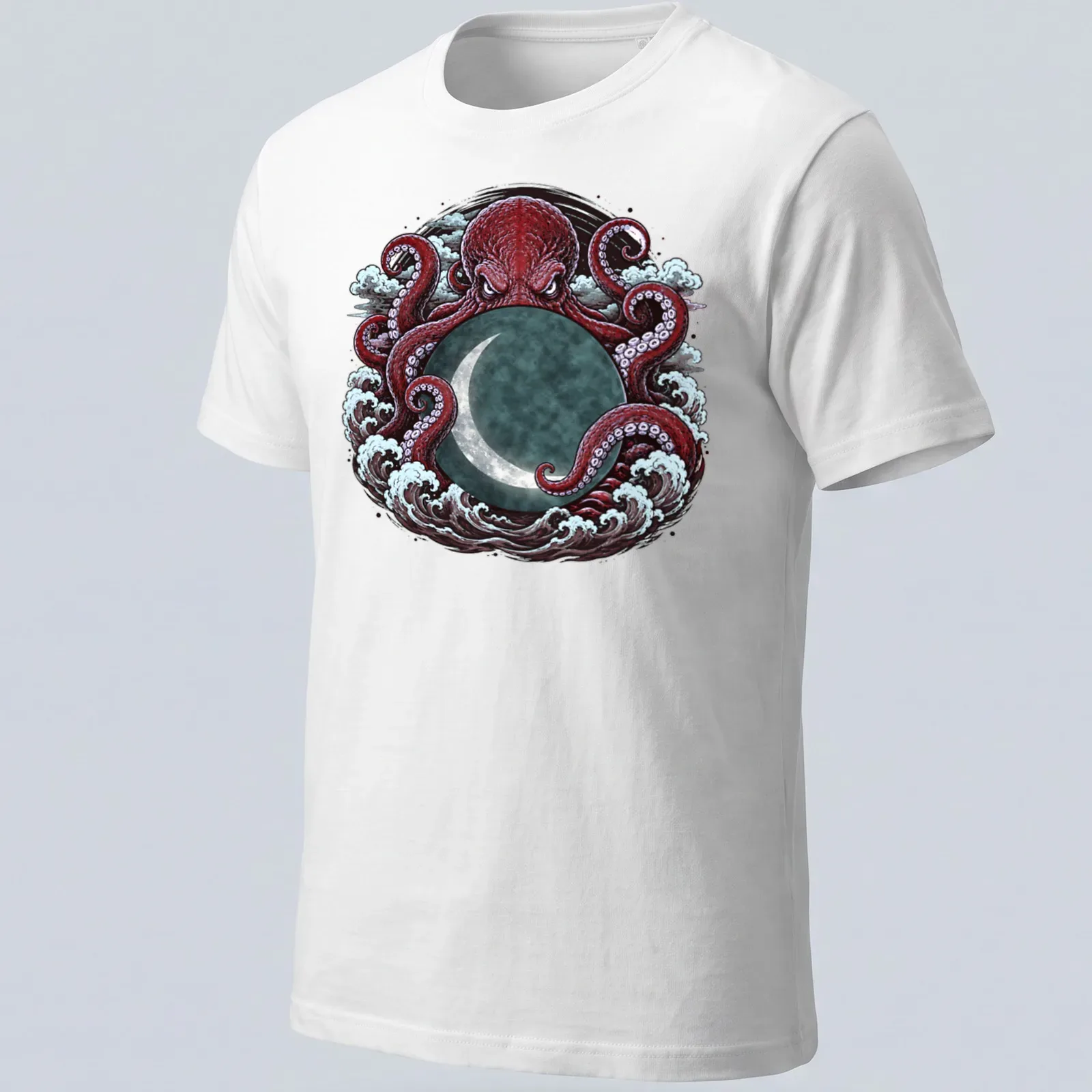 Detailed illustration of a Kraken octopus with waves and a moon in red and teal — printed on a unisex t-shirt
