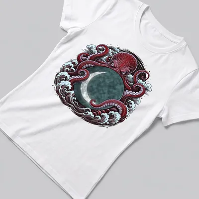Detailed illustration of a Kraken octopus with waves and a moon in red and teal — printed on a women's shirt