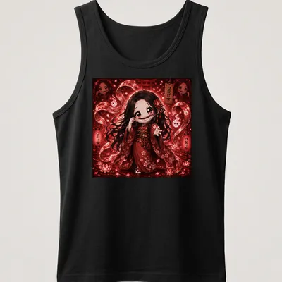 Kawaii illustration of Kuchi-Sake-Onna with vibrant colors on a cute — printed on a tank top