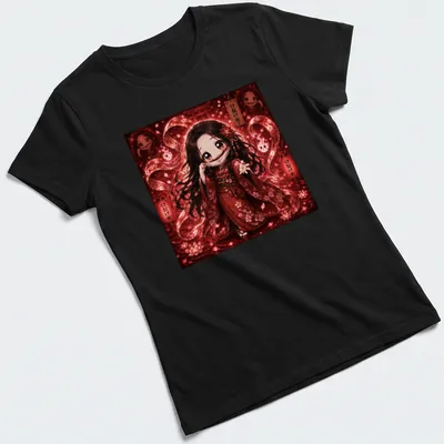 Kawaii illustration of Kuchi-Sake-Onna with vibrant colors on a cute — printed on a women's shirt