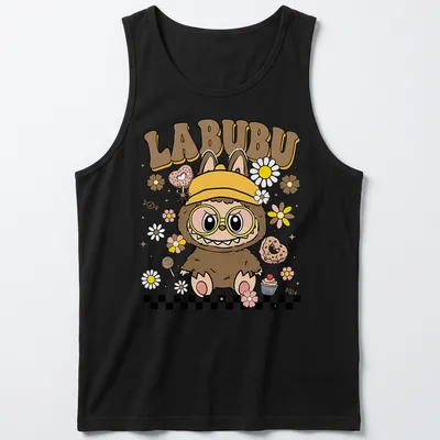 Kawaii illustration of a cute groovy monster with cupcakes and flowers, featuring the text LABUBU — printed on a tank top