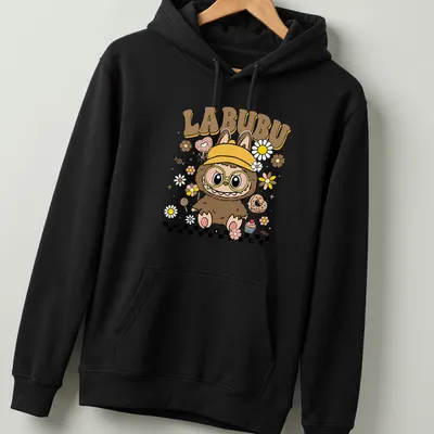 Kawaii illustration of a cute groovy monster with cupcakes and flowers, featuring the text LABUBU — printed on a unisex hoodie