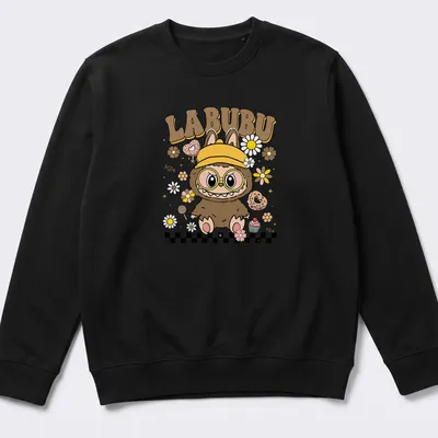 Kawaii illustration of a cute groovy monster with cupcakes and flowers, featuring the text LABUBU — printed on a unisex sweatshirt