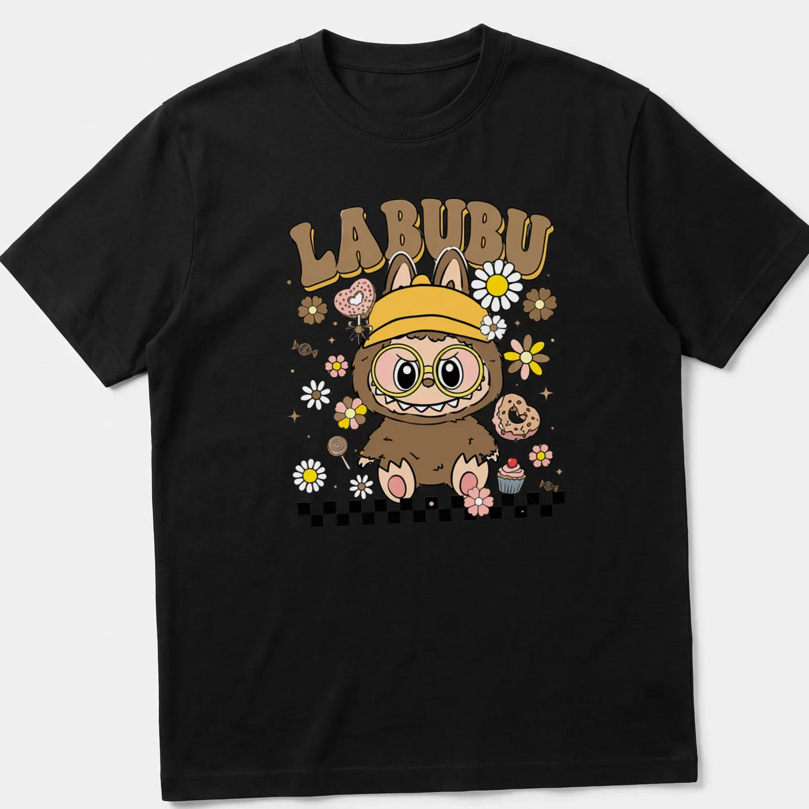 Kawaii illustration of a cute groovy monster with cupcakes and flowers, featuring the text LABUBU — printed on a unisex t-shirt