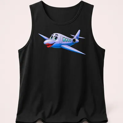 Cartoon airplane character T-shirt in bold colors like blue and red — printed on a tank top