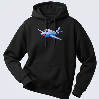 Cartoon airplane character T-shirt in bold colors like blue and red — printed on a unisex hoodie
