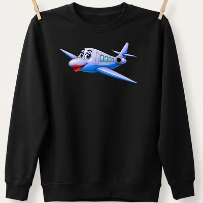 Cartoon airplane character T-shirt in bold colors like blue and red — printed on a unisex sweatshirt