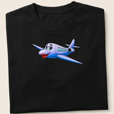 Cartoon airplane character T-shirt in bold colors like blue and red — printed on a unisex t-shirt