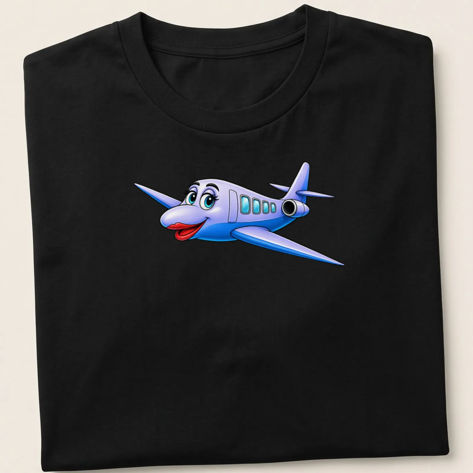 Cartoon airplane character T-shirt in bold colors like blue and red — printed on a unisex t-shirt
