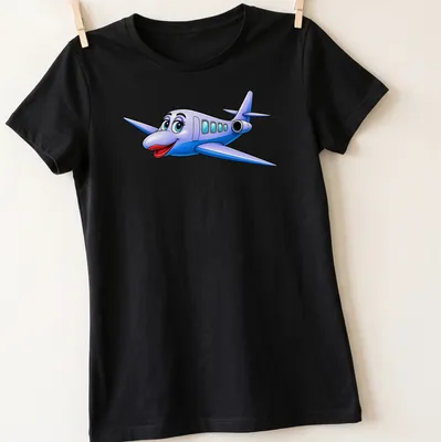 Cartoon airplane character T-shirt in bold colors like blue and red — printed on a women's shirt