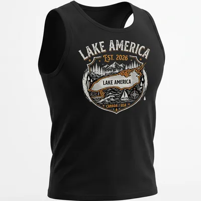 Vintage badge design featuring a map of Lake America with printed text — printed on a tank top