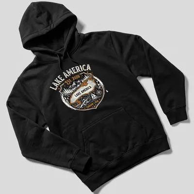 Vintage badge design featuring a map of Lake America with printed text — printed on a unisex hoodie