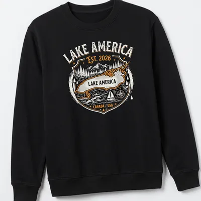 Vintage badge design featuring a map of Lake America with printed text — printed on a unisex sweatshirt