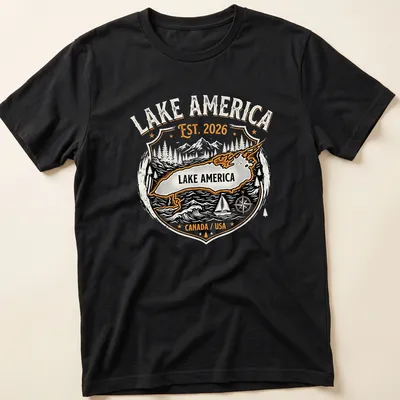 Vintage badge design featuring a map of Lake America with printed text — printed on a unisex t-shirt