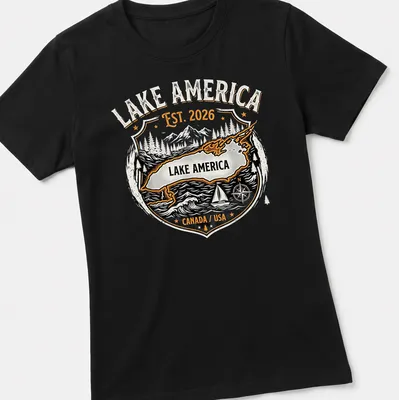 Vintage badge design featuring a map of Lake America with printed text — printed on a women's shirt