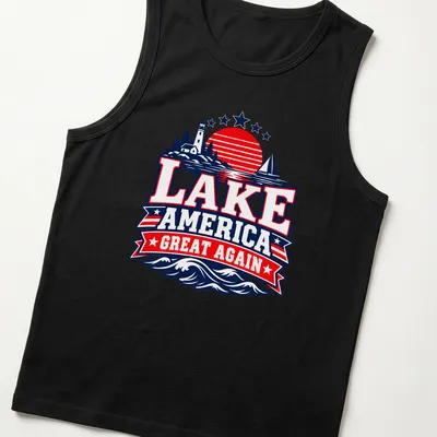 Vintage Americana style t-shirt with a lake scene featuring a lighthouse and sailboat — printed on a tank top