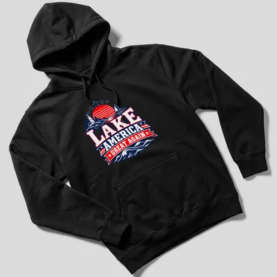 Vintage Americana style t-shirt with a lake scene featuring a lighthouse and sailboat — printed on a unisex hoodie