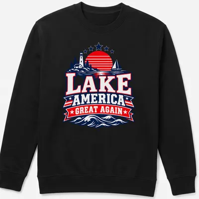Vintage Americana style t-shirt with a lake scene featuring a lighthouse and sailboat — printed on a unisex sweatshirt