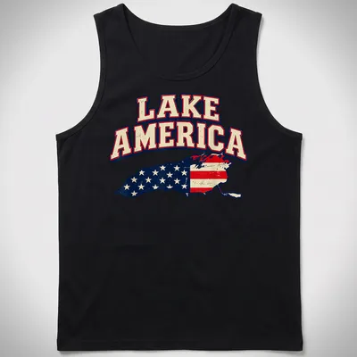 Vintage distressed Lake America t-shirt with map design in red, white, and blue — printed on a tank top
