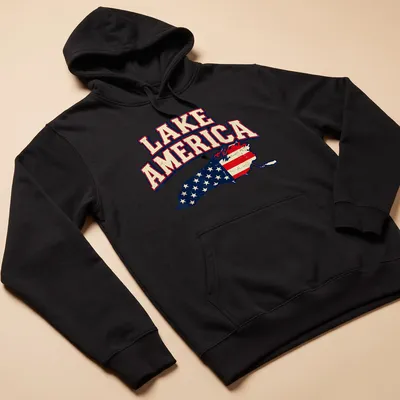 Vintage distressed Lake America t-shirt with map design in red, white, and blue — printed on a unisex hoodie