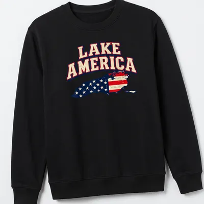 Vintage distressed Lake America t-shirt with map design in red, white, and blue — printed on a unisex sweatshirt