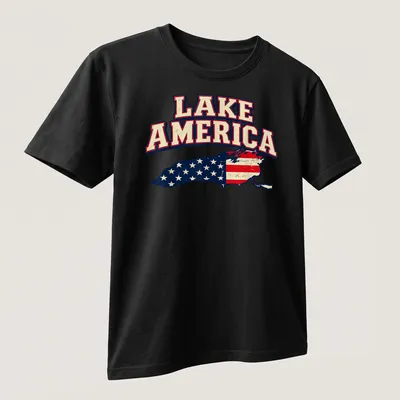 Vintage distressed Lake America t-shirt with map design in red, white, and blue — printed on a unisex t-shirt (angled view)