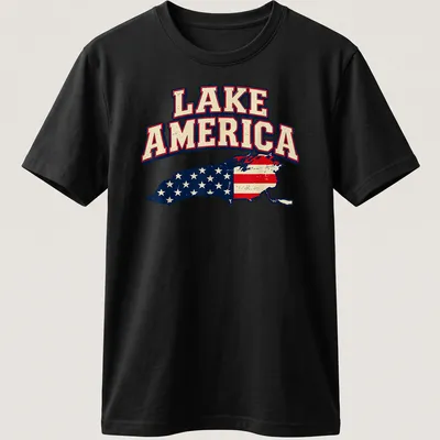 Vintage distressed Lake America t-shirt with map design in red, white, and blue