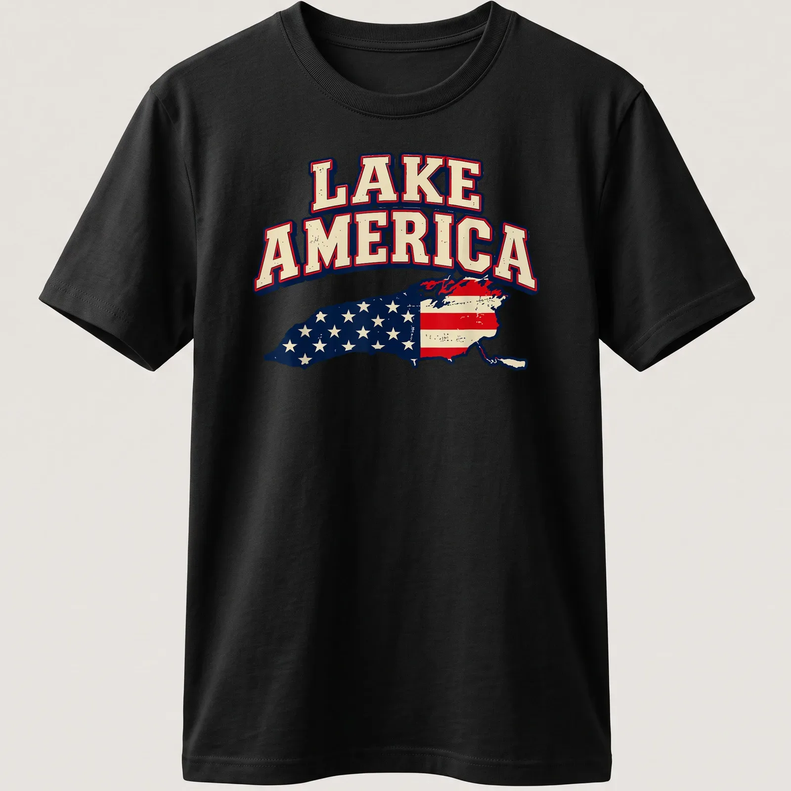 Vintage distressed Lake America t-shirt with map design in red, white, and blue — printed on a unisex t-shirt