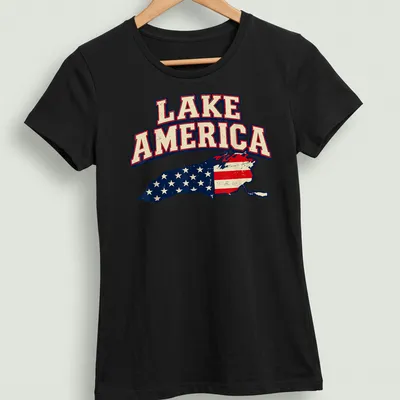 Vintage distressed Lake America t-shirt with map design in red, white, and blue — printed on a women's shirt