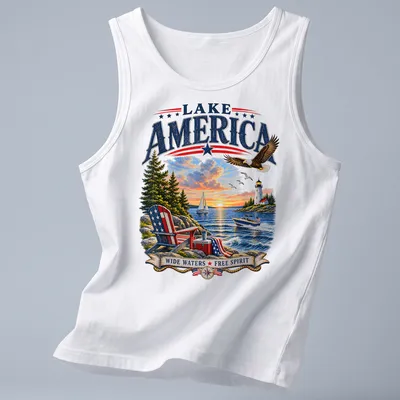 Vintage illustration of a lake with an eagle and lighthouse under the text Lake America Wide Waters Free Spirit — printed on a tank top