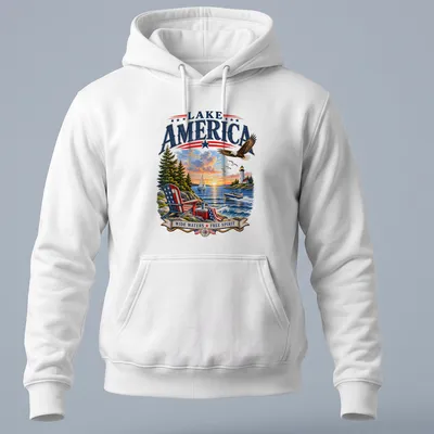 Vintage illustration of a lake with an eagle and lighthouse under the text Lake America Wide Waters Free Spirit — printed on a unisex hoodie